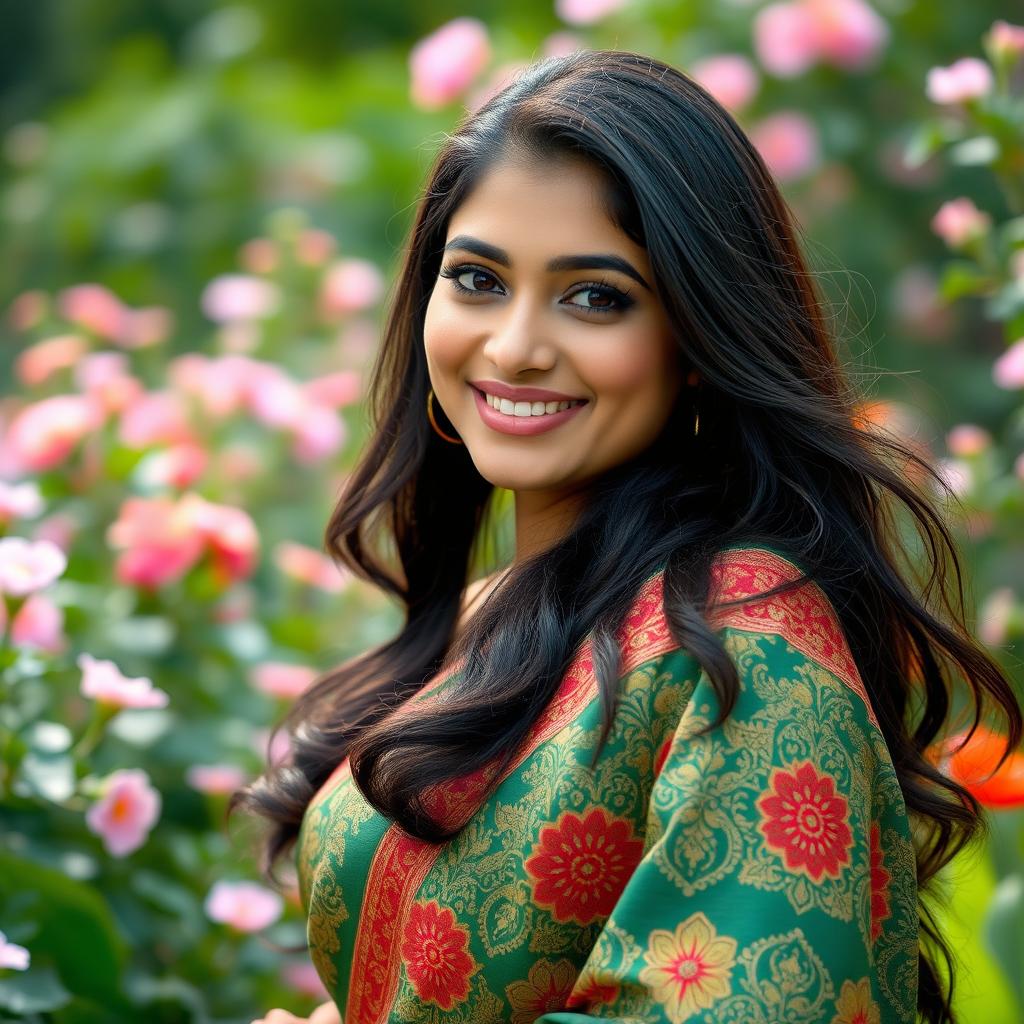 A beautiful South Asian woman with a radiant smile, dressed in a traditional Bangladeshi saree with intricate patterns in red and gold