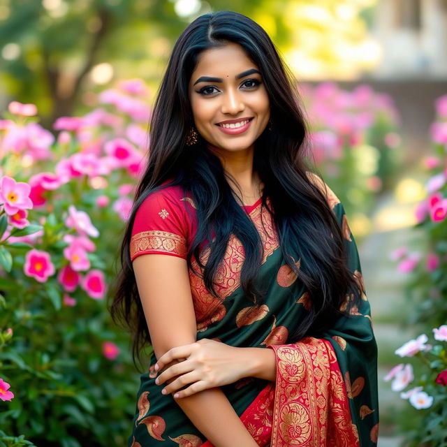 A beautiful South Asian woman with a radiant smile, dressed in a traditional Bangladeshi saree with intricate patterns in red and gold