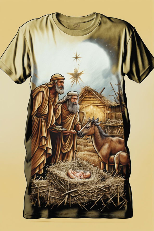 A high-quality graphic tee design featuring a modern interpretation of the three wise men visiting the stable