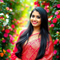 A beautiful South Asian woman with a radiant smile, dressed in a traditional Bangladeshi saree with intricate patterns in red and gold