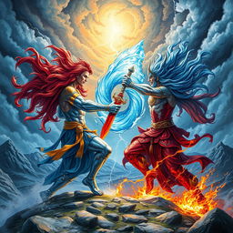 A dramatic scene depicting two powerful gods engaged in an epic battle, surrounded by a stormy sky filled with lightning and swirling clouds