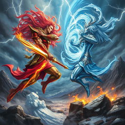 A dramatic scene depicting two powerful gods engaged in an epic battle, surrounded by a stormy sky filled with lightning and swirling clouds