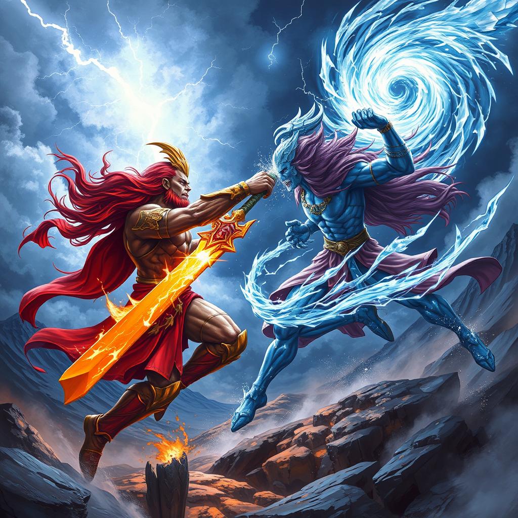 A dramatic scene depicting two powerful gods engaged in an epic battle, surrounded by a stormy sky filled with lightning and swirling clouds