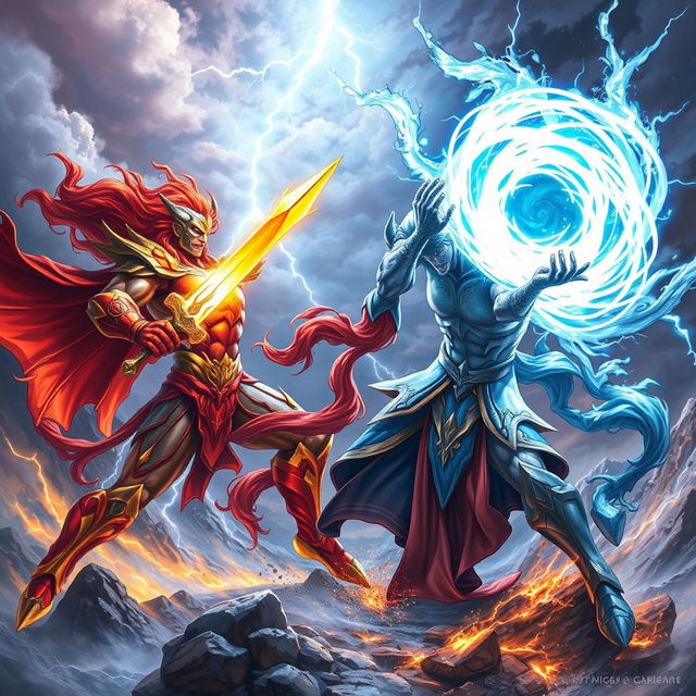 A dramatic scene depicting two powerful gods engaged in an epic battle, surrounded by a stormy sky filled with lightning and swirling clouds