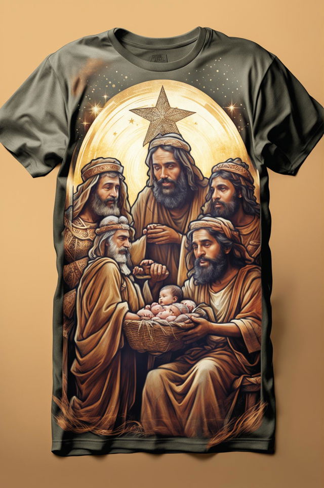 A high-quality graphic tee design featuring a contemporary interpretation of the three wise men visiting the newborn Jesus