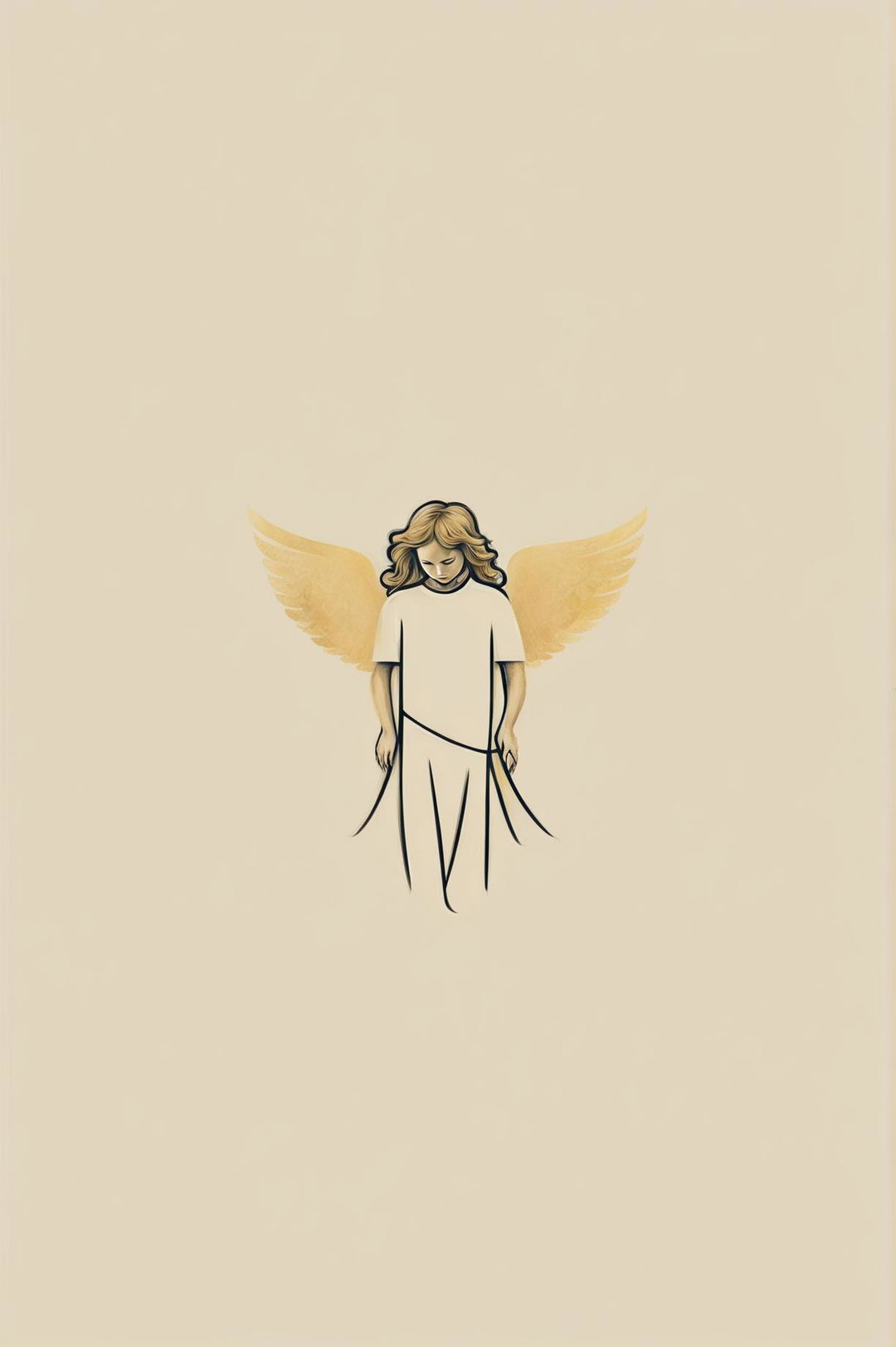 A minimalist, high-quality digital art design for a graphic tee featuring a stylized, abstract depiction of an angel