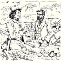 A detailed and historically accurate sketch of two prominent paleontologists, Edward Drinker Cope and Othniel Charles Marsh, engaging in a lively discussion over dinosaur fossils