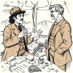 A detailed and historically accurate sketch of two prominent paleontologists, Edward Drinker Cope and Othniel Charles Marsh, engaging in a lively discussion over dinosaur fossils