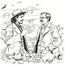 A detailed and historically accurate sketch of two prominent paleontologists, Edward Drinker Cope and Othniel Charles Marsh, engaging in a lively discussion over dinosaur fossils