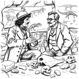 A detailed and historically accurate sketch of two prominent paleontologists, Edward Drinker Cope and Othniel Charles Marsh, engaging in a lively discussion over dinosaur fossils