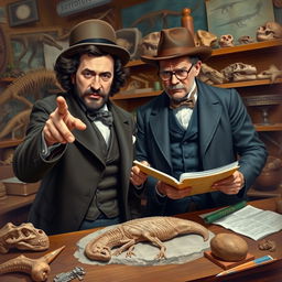 An artistic representation of the famous paleontologists Edward Drinker Cope and Othniel Charles Marsh, captured in a vibrant, dynamic scene