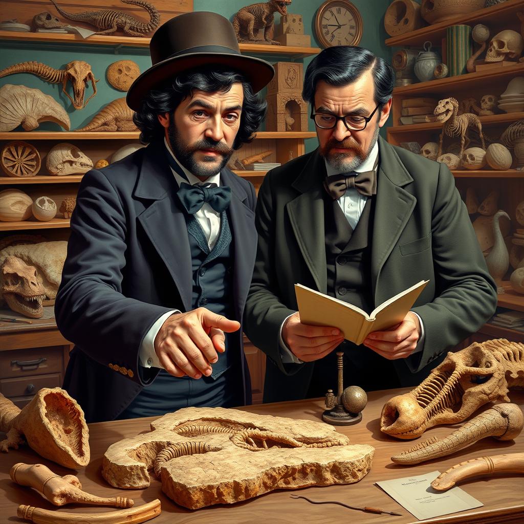 An artistic representation of the famous paleontologists Edward Drinker Cope and Othniel Charles Marsh, captured in a vibrant, dynamic scene