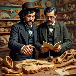 An artistic representation of the famous paleontologists Edward Drinker Cope and Othniel Charles Marsh, captured in a vibrant, dynamic scene