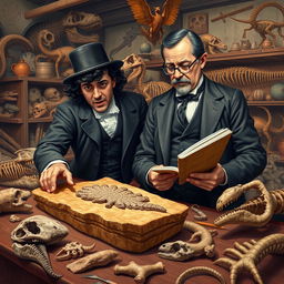 An artistic representation of the famous paleontologists Edward Drinker Cope and Othniel Charles Marsh, captured in a vibrant, dynamic scene