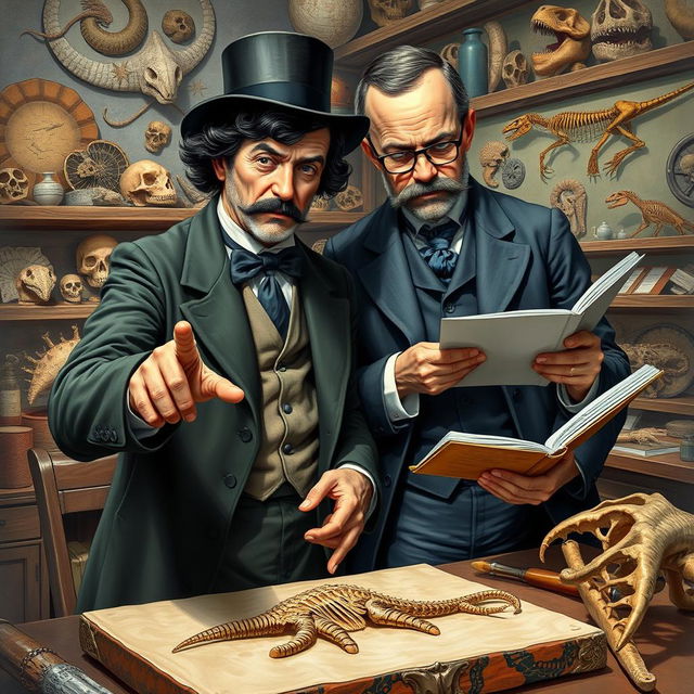 An artistic representation of the famous paleontologists Edward Drinker Cope and Othniel Charles Marsh, captured in a vibrant, dynamic scene