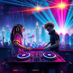 A vibrant and colorful digital artwork depicting a futuristic city skyline at night, infused with electronic music elements