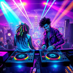 A vibrant and colorful digital artwork depicting a futuristic city skyline at night, infused with electronic music elements