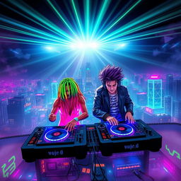 A vibrant and colorful digital artwork depicting a futuristic city skyline at night, infused with electronic music elements