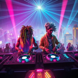 A vibrant and colorful digital artwork depicting a futuristic city skyline at night, infused with electronic music elements