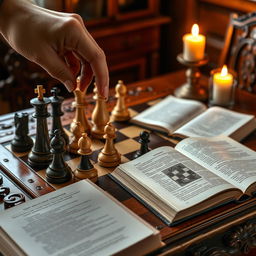 A beautifully arranged chess set on a vintage wooden table with intricate carvings