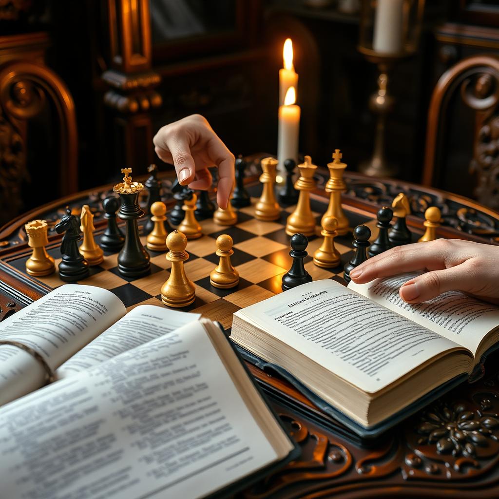 A beautifully arranged chess set on a vintage wooden table with intricate carvings