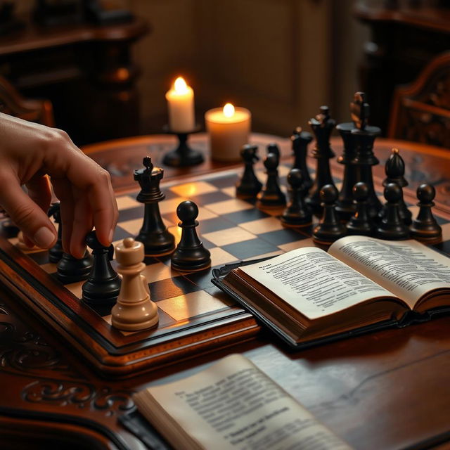 A beautifully arranged chess set on a vintage wooden table with intricate carvings