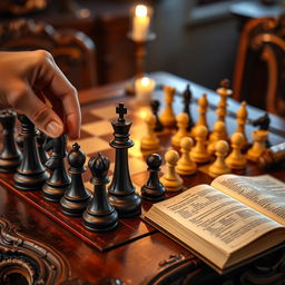 A beautifully arranged chess set on a vintage wooden table with intricate carvings