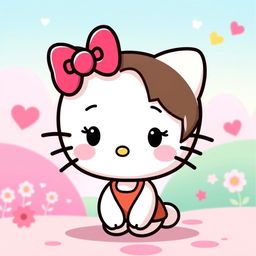 A cute cartoon character inspired by Hello Kitty, featuring her iconic bow, but with brown hair instead of black