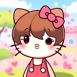 A cute cartoon character inspired by Hello Kitty, featuring her iconic bow, but with brown hair instead of black
