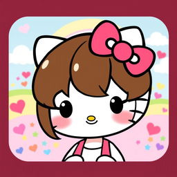 A cute cartoon character inspired by Hello Kitty, featuring her iconic bow, but with brown hair instead of black
