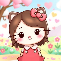 A cute cartoon character inspired by Hello Kitty, featuring her iconic bow, but with brown hair instead of black