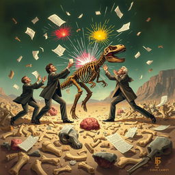 An evocative illustration symbolizing the Bone Wars, capturing the intense rivalry between paleontologists Edward Drinker Cope and Othniel Charles Marsh