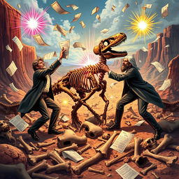 An evocative illustration symbolizing the Bone Wars, capturing the intense rivalry between paleontologists Edward Drinker Cope and Othniel Charles Marsh