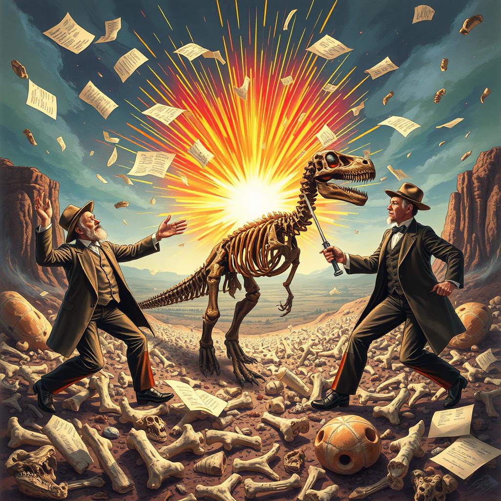 An evocative illustration symbolizing the Bone Wars, capturing the intense rivalry between paleontologists Edward Drinker Cope and Othniel Charles Marsh