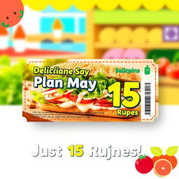 A vibrant and eye-catching coupon design for a Plan Mayo Sandwich priced at 15 rupees