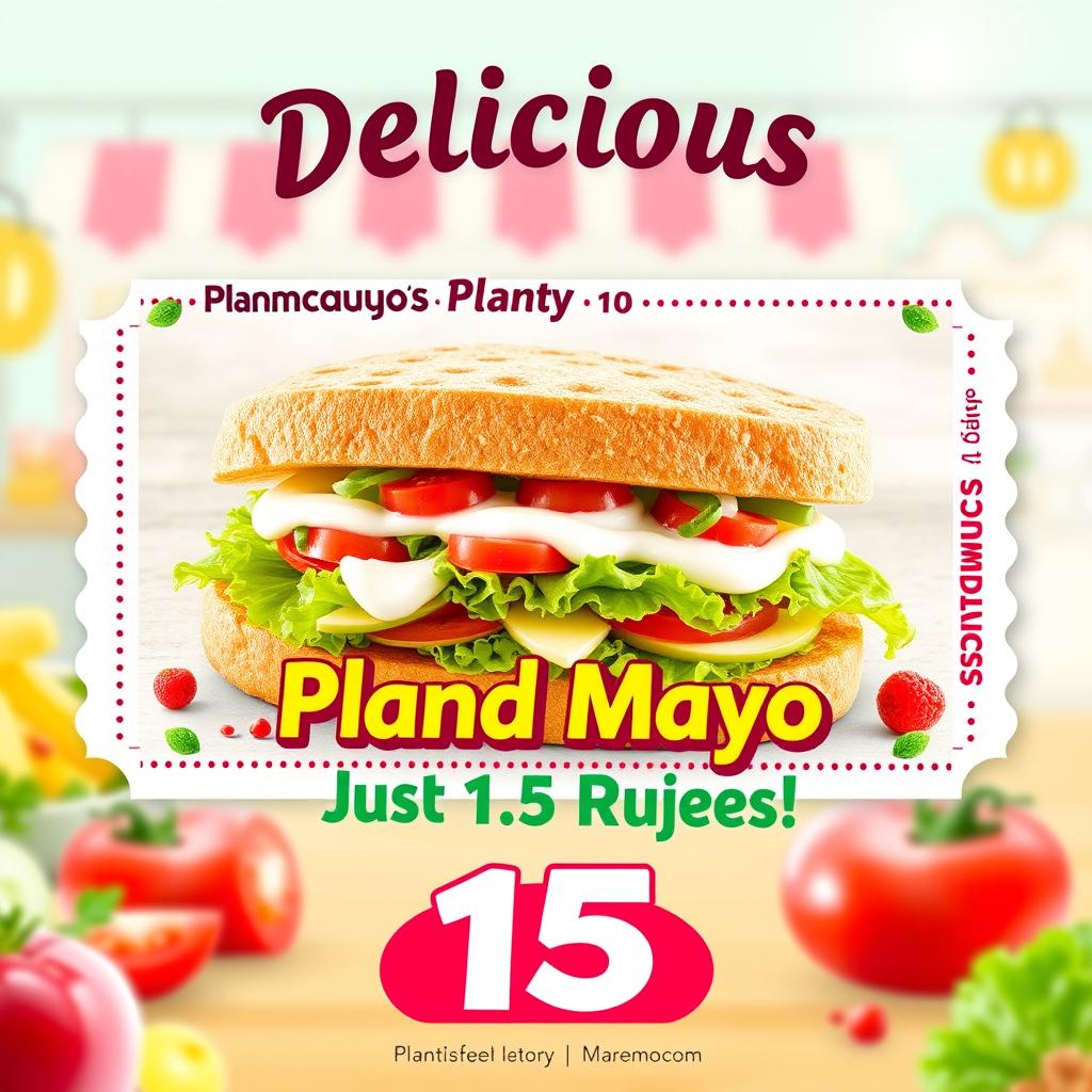 A vibrant and eye-catching coupon design for a Plan Mayo Sandwich priced at 15 rupees