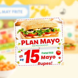 A vibrant and eye-catching coupon design for a Plan Mayo Sandwich priced at 15 rupees