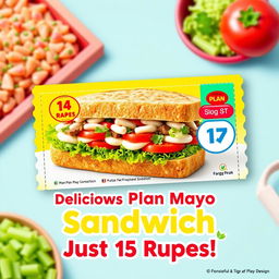 A vibrant and eye-catching coupon design for a Plan Mayo Sandwich priced at 15 rupees