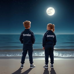 A boy and a girl standing on a beach at night, looking out over the calm sea