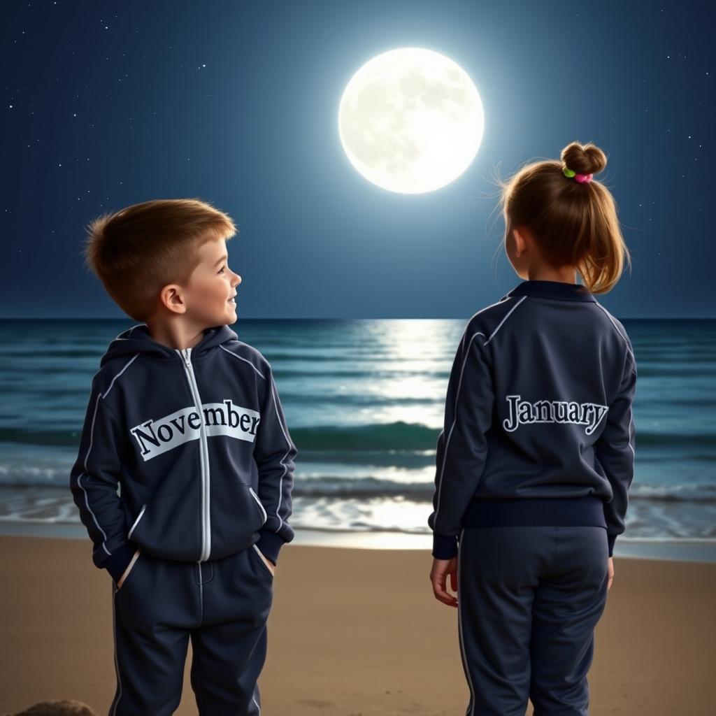 A boy and a girl standing on a beach at night, looking out over the calm sea