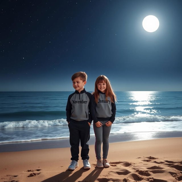 A boy and a girl standing on a beach at night, looking out over the calm sea