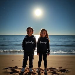 A boy and a girl standing on a beach at night, looking out over the calm sea