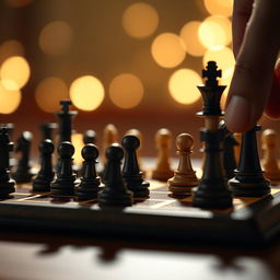 A beautifully detailed scene of a chessboard at the moment of checkmate, showcasing intricately designed chess pieces made of dark and light wood