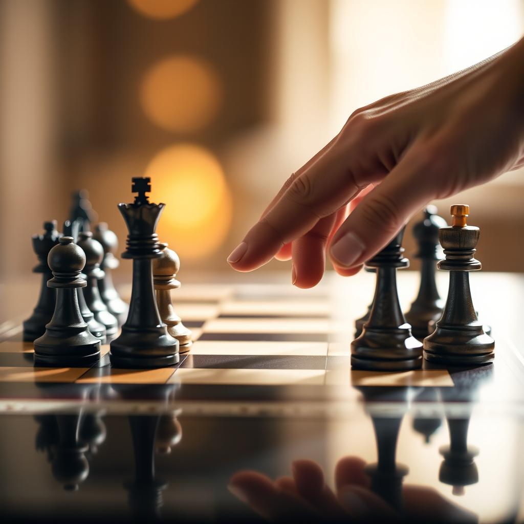 A beautifully detailed scene of a chessboard at the moment of checkmate, showcasing intricately designed chess pieces made of dark and light wood