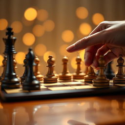 A beautifully detailed scene of a chessboard at the moment of checkmate, showcasing intricately designed chess pieces made of dark and light wood