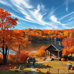 A vibrant autumn landscape, showcasing a picturesque scene of trees adorned with leaves in hues of orange, red, and gold, gently falling to the ground