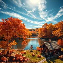 A vibrant autumn landscape, showcasing a picturesque scene of trees adorned with leaves in hues of orange, red, and gold, gently falling to the ground