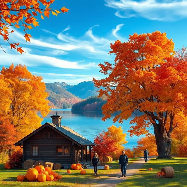 A vibrant autumn landscape, showcasing a picturesque scene of trees adorned with leaves in hues of orange, red, and gold, gently falling to the ground