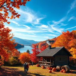 A vibrant autumn landscape, showcasing a picturesque scene of trees adorned with leaves in hues of orange, red, and gold, gently falling to the ground