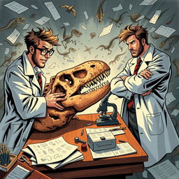 A dramatic illustration representing the fierce rivalry between scientists, depicted through two figures symbolizing competition in scientific discovery